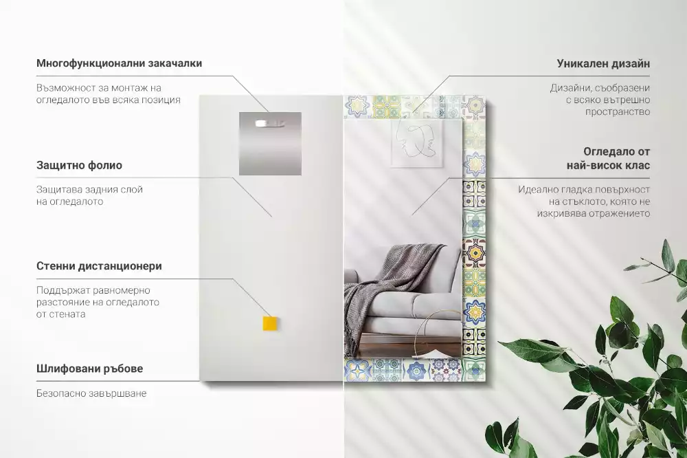 Oglindă dreptunghiulară cu decor din plăci colorate