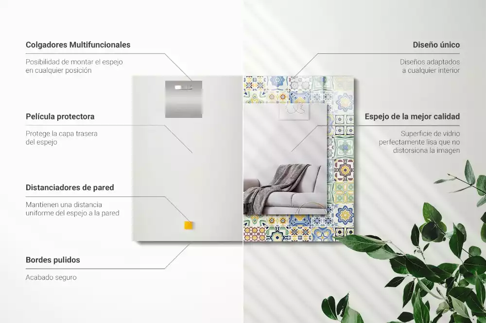Oglindă dreptunghiulară cu decor din plăci colorate