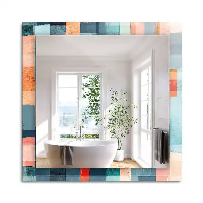 Oglindă dreptunghiulară de perete cu model decorativ format din dreptunghiuri abstracte colorate