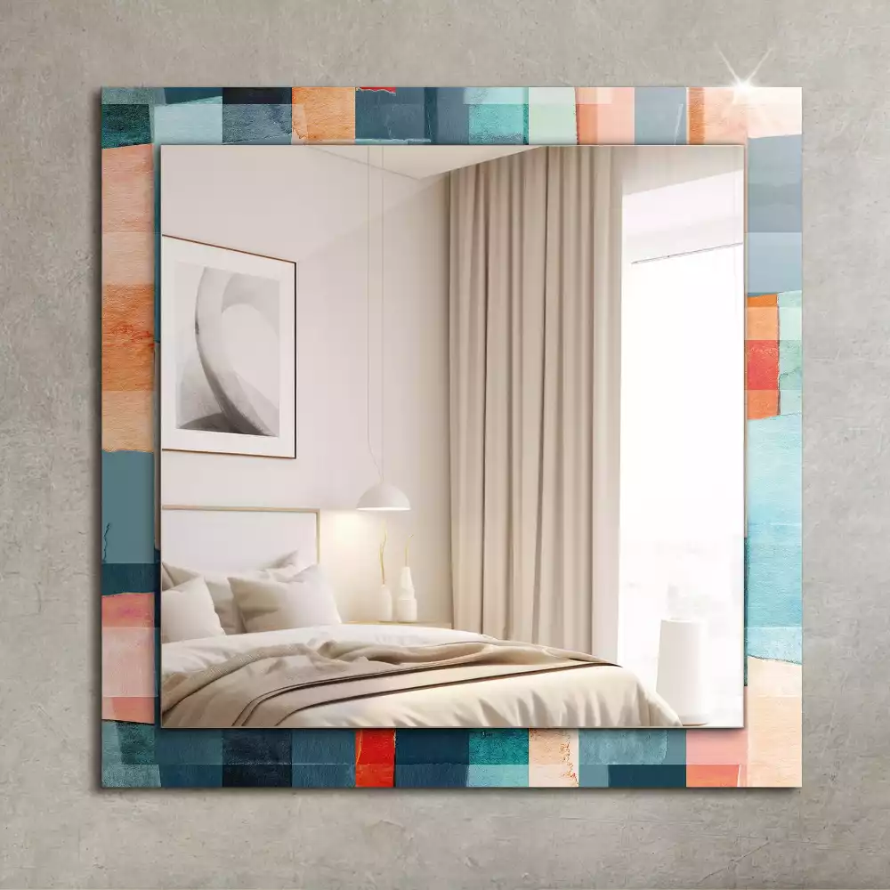 Oglindă dreptunghiulară de perete cu model decorativ format din dreptunghiuri abstracte colorate