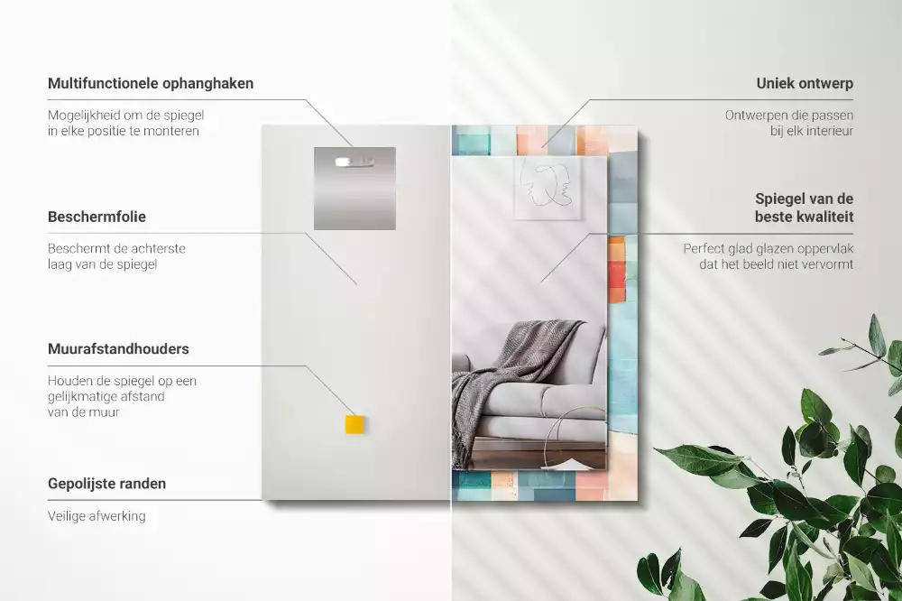 Oglindă dreptunghiulară de perete cu model decorativ format din dreptunghiuri abstracte colorate