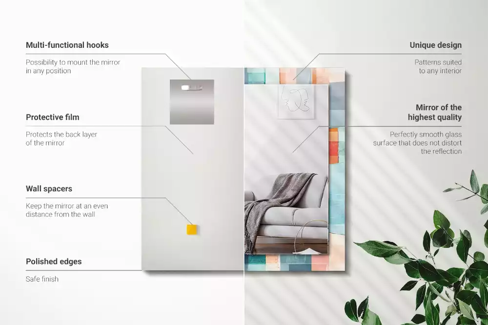 Oglindă dreptunghiulară de perete cu model decorativ format din dreptunghiuri abstracte colorate