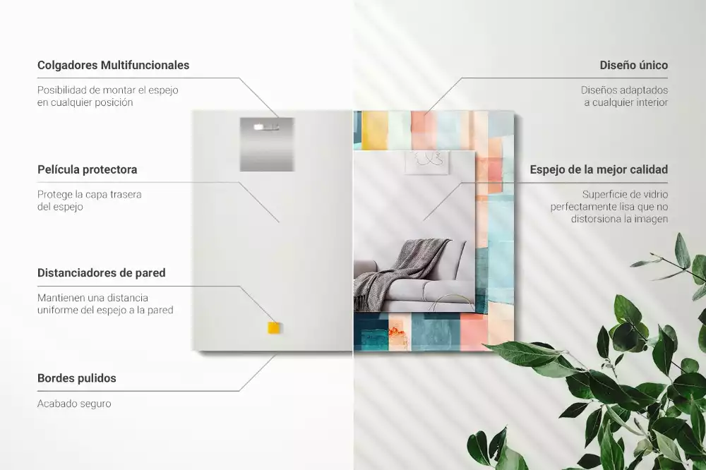 Oglindă dreptunghiulară de perete cu model decorativ format din dreptunghiuri abstracte colorate