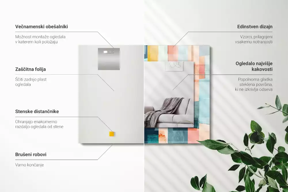 Oglindă dreptunghiulară de perete cu model decorativ format din dreptunghiuri abstracte colorate