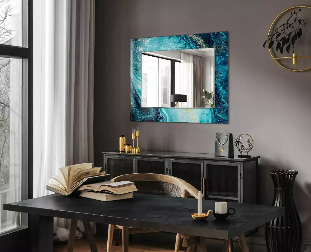 Oglindă dreptunghiulară cu imprimeu de artă abstractă albastră