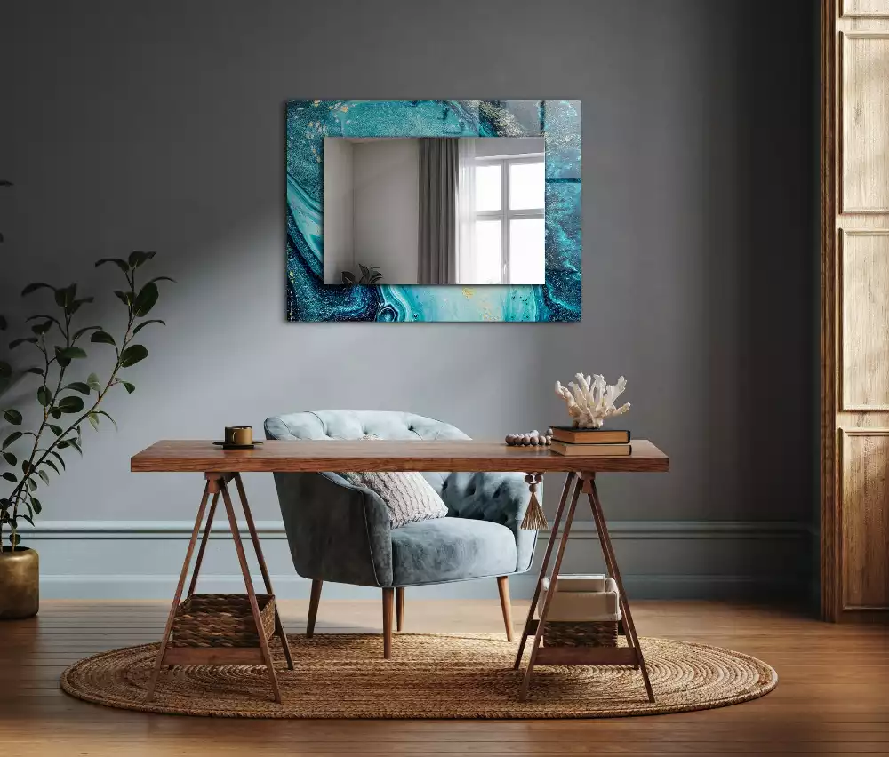 Oglindă dreptunghiulară cu imprimeu de artă abstractă albastră