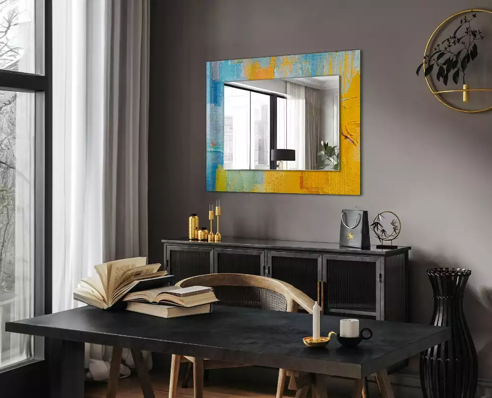 Oglindă dreptunghiulară cu ramă imprimată cu pictură abstractă în ulei