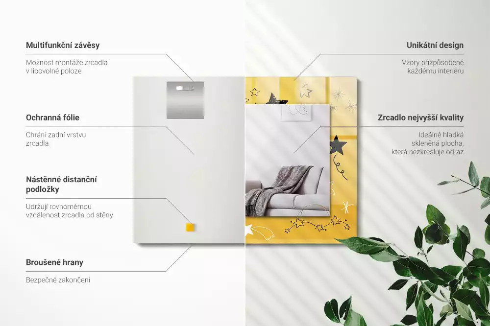 Oglindă decorativă de perete dreptunghiulară cu model cu stele