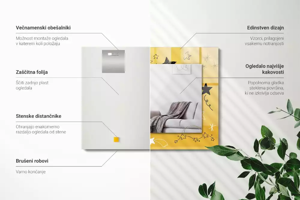 Oglindă decorativă de perete dreptunghiulară cu model cu stele