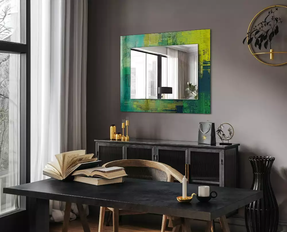 Oglindă dreptunghiulară cu imprimeu abstract colorat