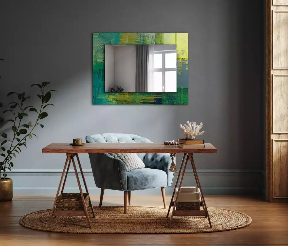 Oglindă dreptunghiulară cu imprimeu abstract colorat