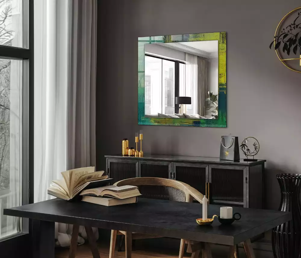 Oglindă dreptunghiulară cu imprimeu abstract colorat