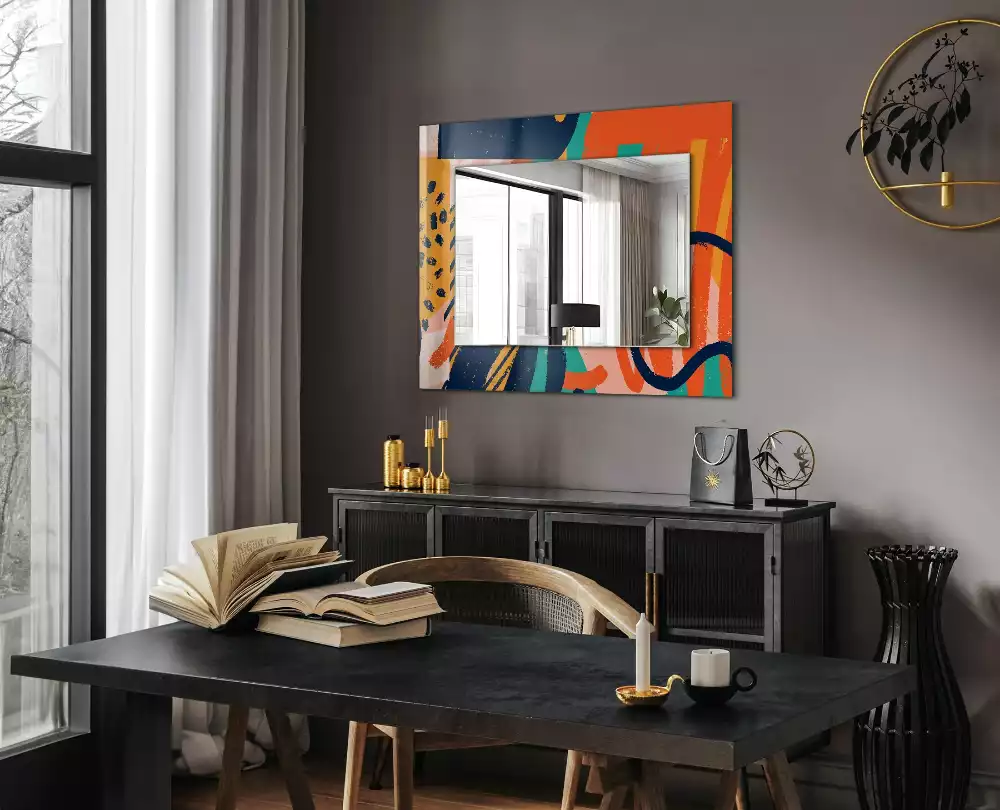Oglindă dreptunghiulară cu ramă cu imprimeu grafic abstract colorat