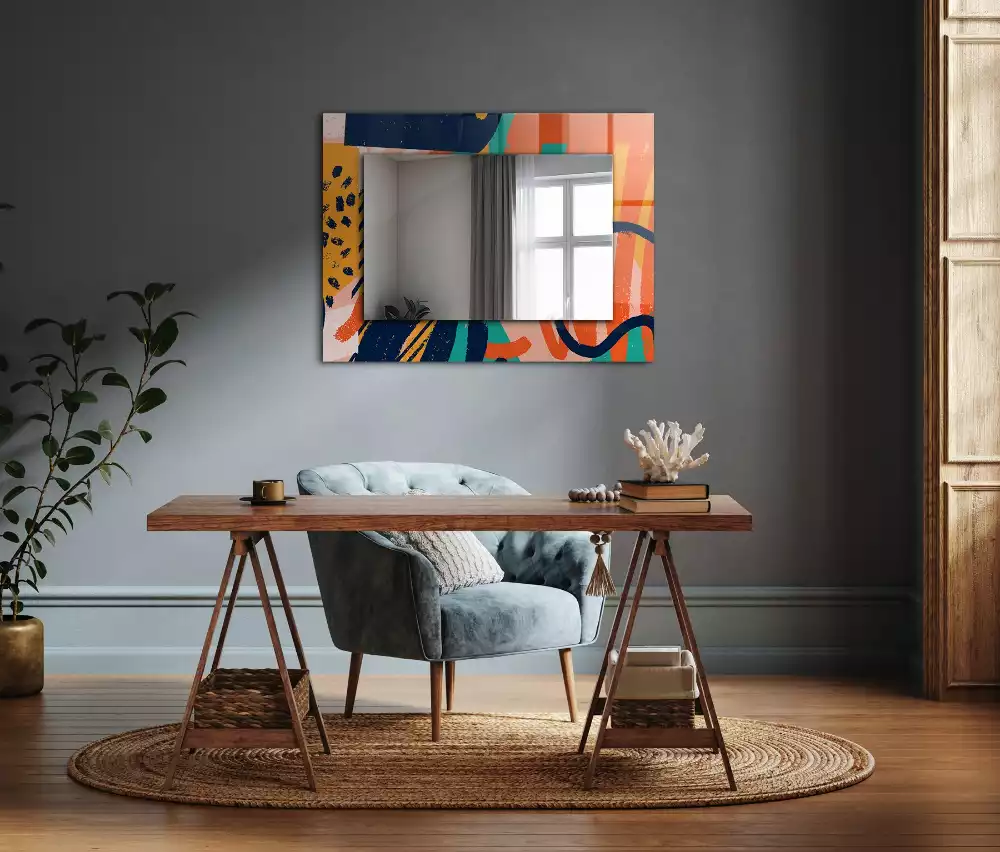 Oglindă dreptunghiulară cu ramă cu imprimeu grafic abstract colorat