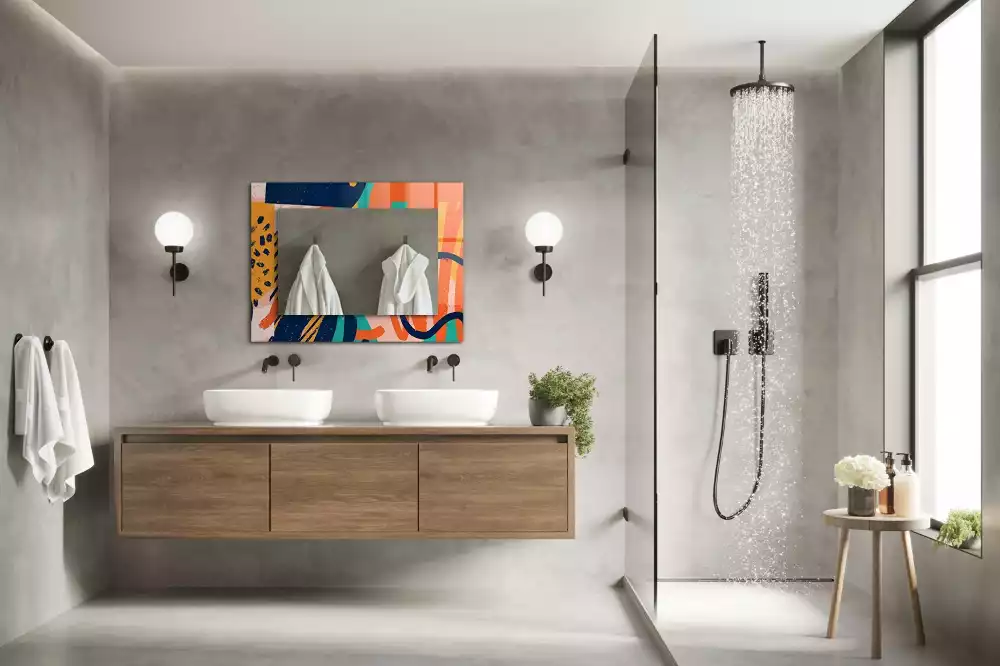 Oglindă dreptunghiulară cu ramă cu imprimeu grafic abstract colorat