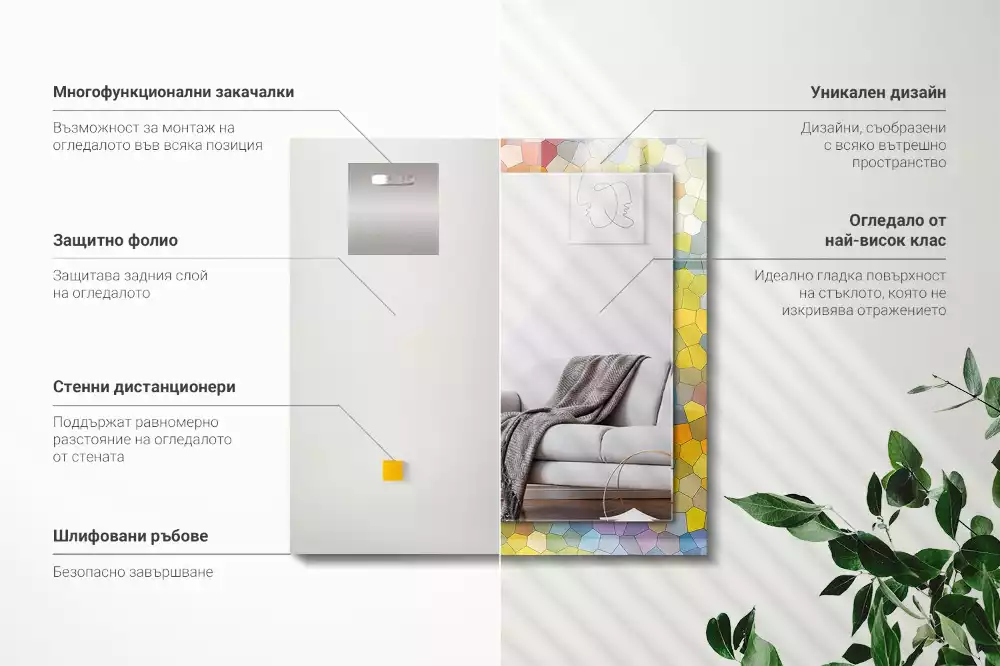 Oglindă dreptunghiulară cu decor mozaic abstract colorat
