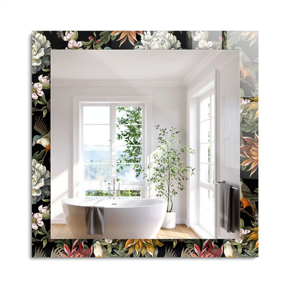 Oglindă dreptunghiulară cu ramă decorată cu imprimeu floral și păsări