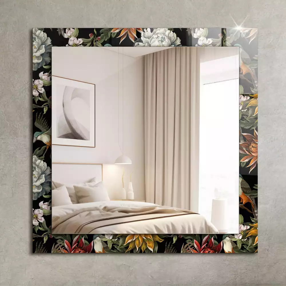 Oglindă dreptunghiulară cu ramă decorată cu imprimeu floral și păsări