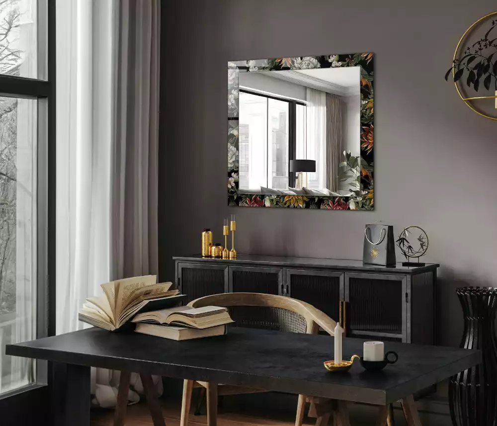 Oglindă dreptunghiulară cu ramă decorată cu imprimeu floral și păsări