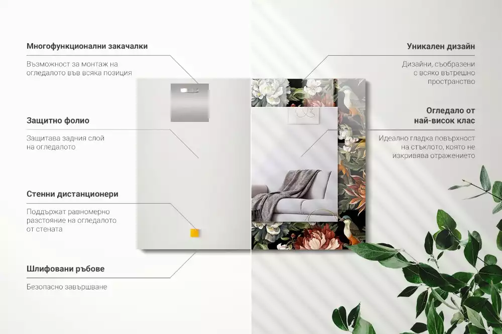 Oglindă dreptunghiulară cu ramă decorată cu imprimeu floral și păsări