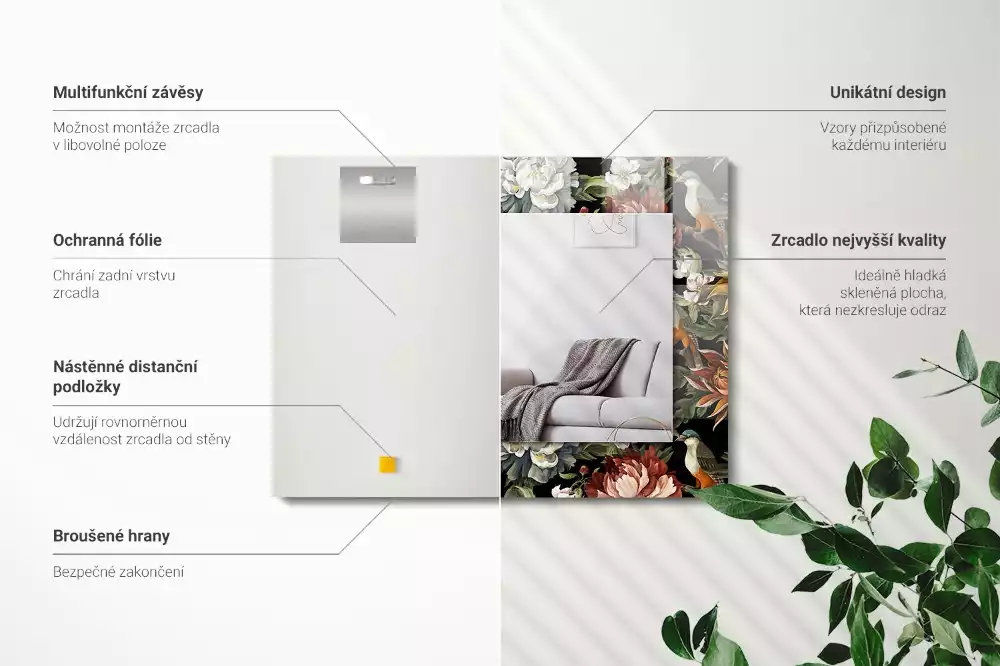 Oglindă dreptunghiulară cu ramă decorată cu imprimeu floral și păsări