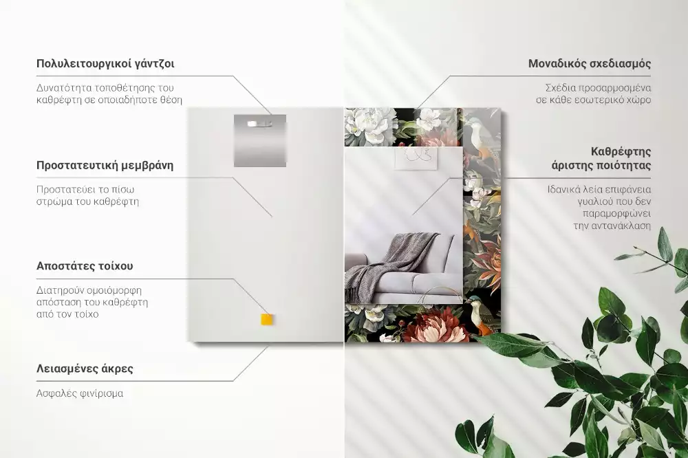 Oglindă dreptunghiulară cu ramă decorată cu imprimeu floral și păsări