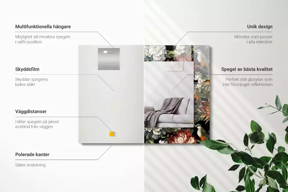 Oglindă dreptunghiulară cu ramă decorată cu imprimeu floral și păsări