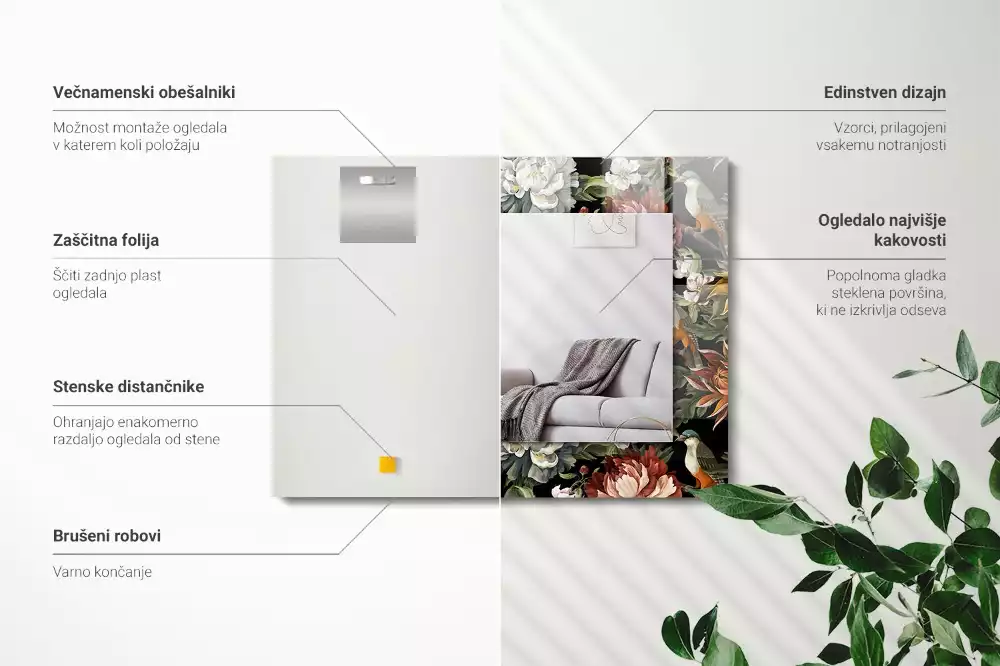 Oglindă dreptunghiulară cu ramă decorată cu imprimeu floral și păsări