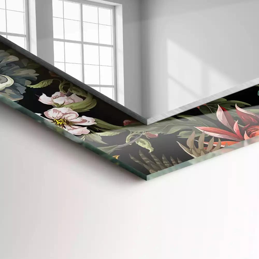 Oglindă dreptunghiulară cu ramă decorată cu imprimeu floral și păsări