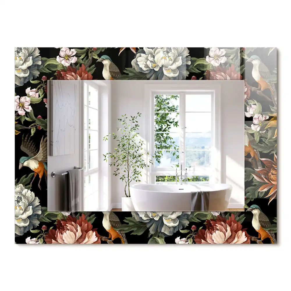 Oglindă dreptunghiulară cu ramă decorată cu imprimeu floral și păsări