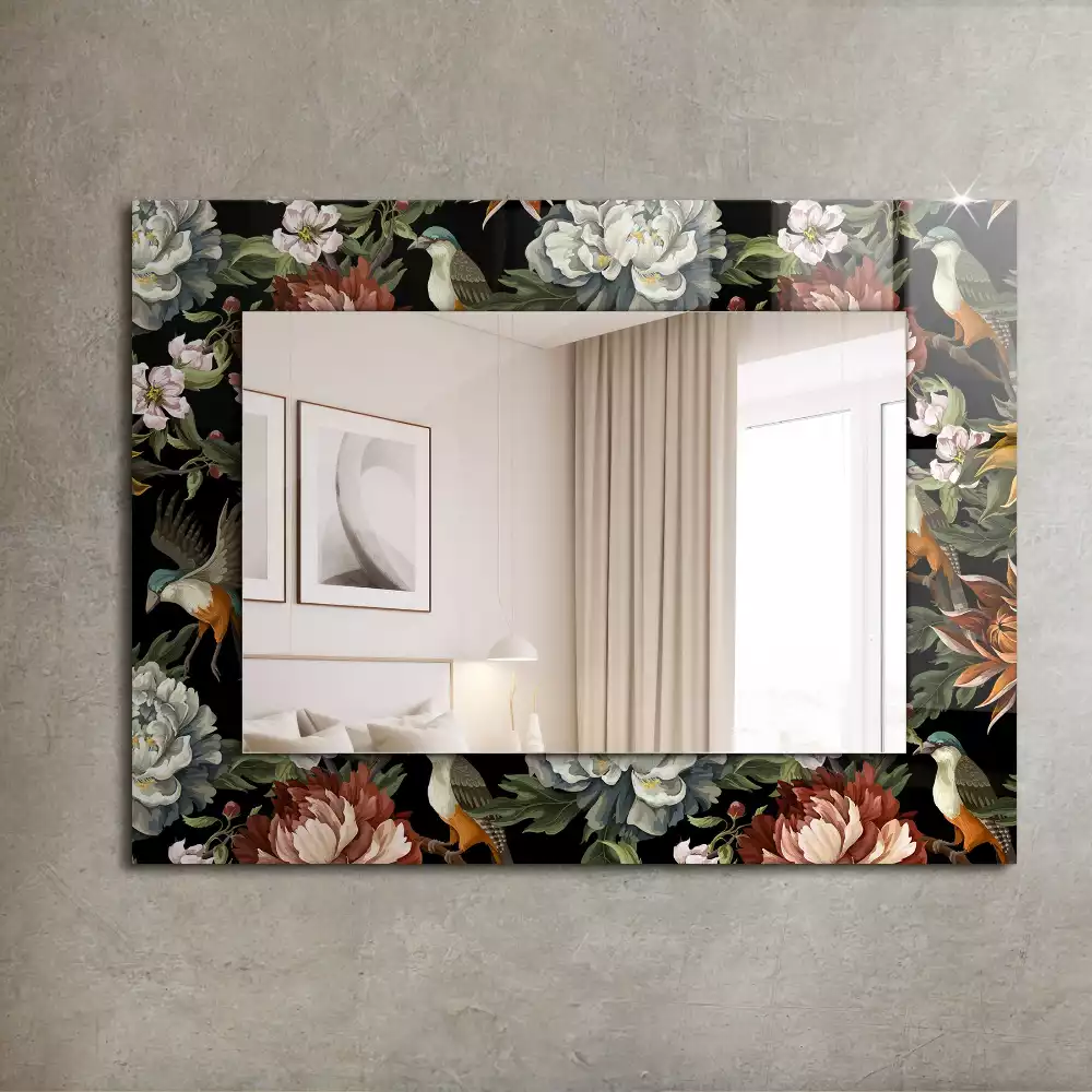 Oglindă dreptunghiulară cu ramă decorată cu imprimeu floral și păsări
