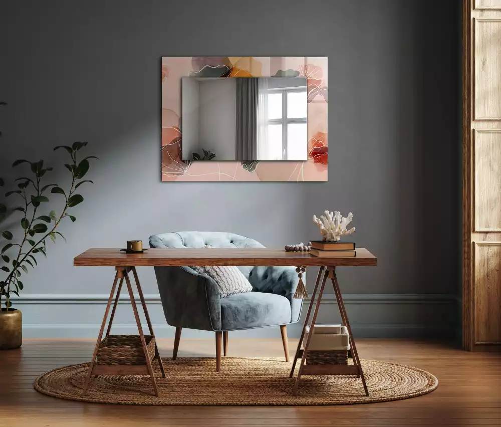 Oglindă dreptunghiulară cu model floral abstract pentru perete