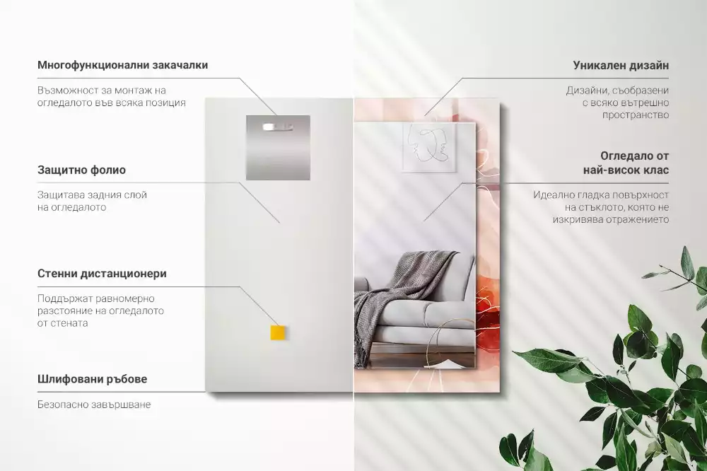 Oglindă dreptunghiulară cu model floral abstract pentru perete