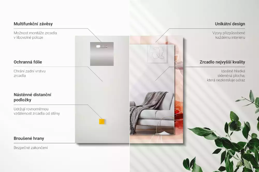 Oglindă dreptunghiulară cu model floral abstract pentru perete
