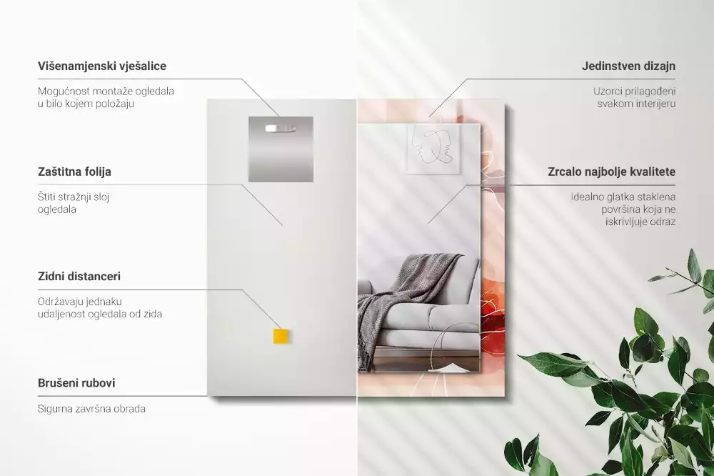 Oglindă dreptunghiulară cu model floral abstract pentru perete