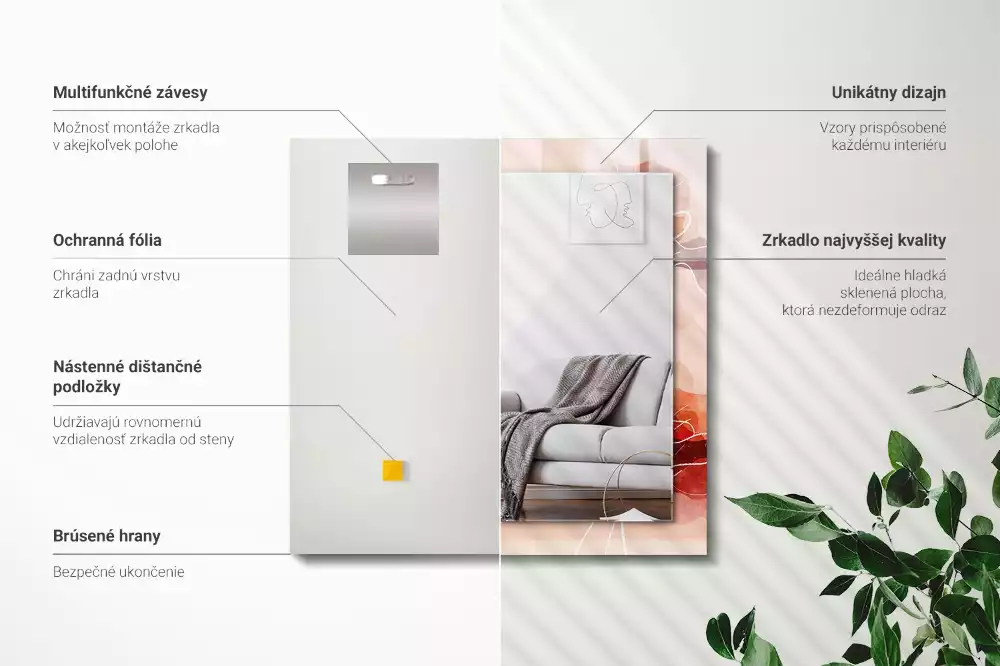 Oglindă dreptunghiulară cu model floral abstract pentru perete