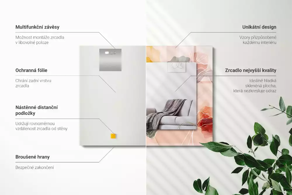 Oglindă dreptunghiulară cu model floral abstract pentru perete