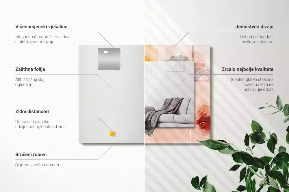 Oglindă dreptunghiulară cu model floral abstract pentru perete