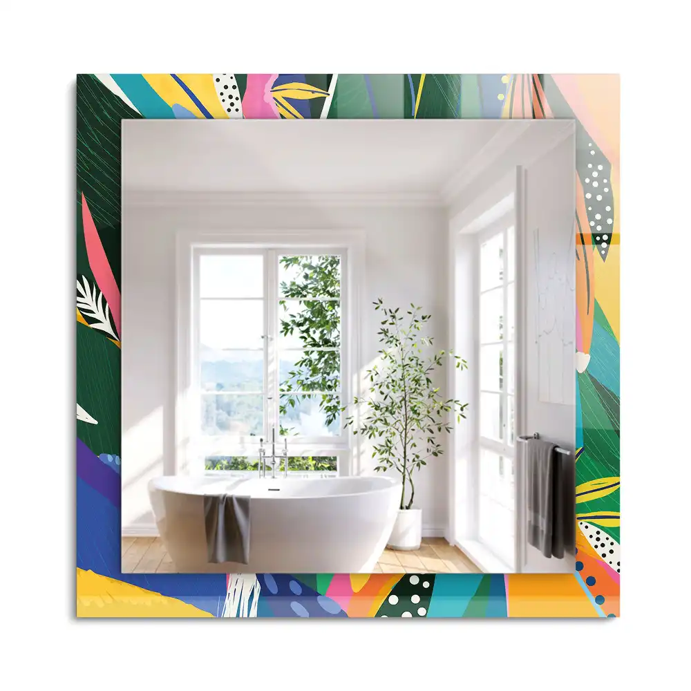 Oglindă dreptunghiulară cu ramă decorată cu imprimeu abstract colorat