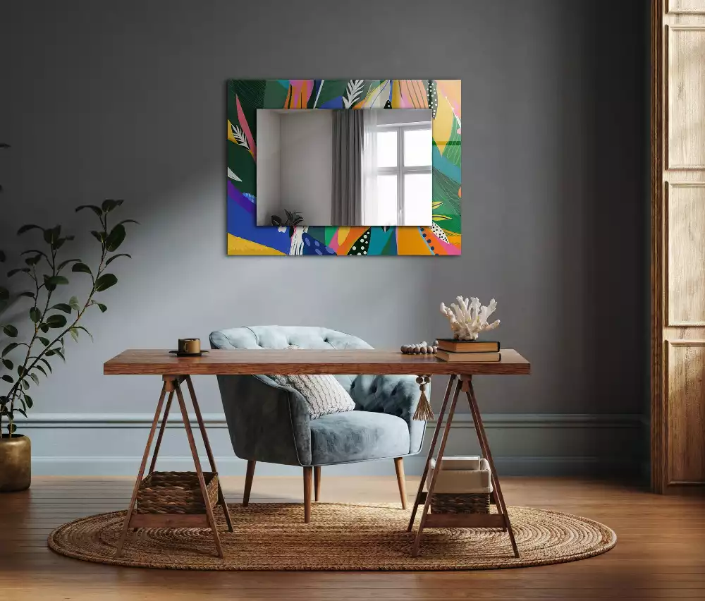 Oglindă dreptunghiulară cu ramă decorată cu imprimeu abstract colorat