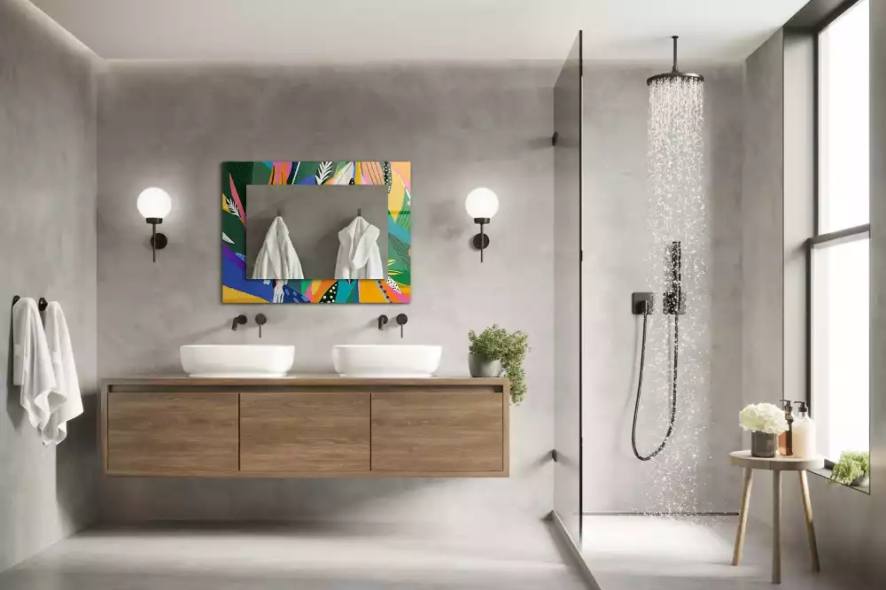Oglindă dreptunghiulară cu ramă decorată cu imprimeu abstract colorat