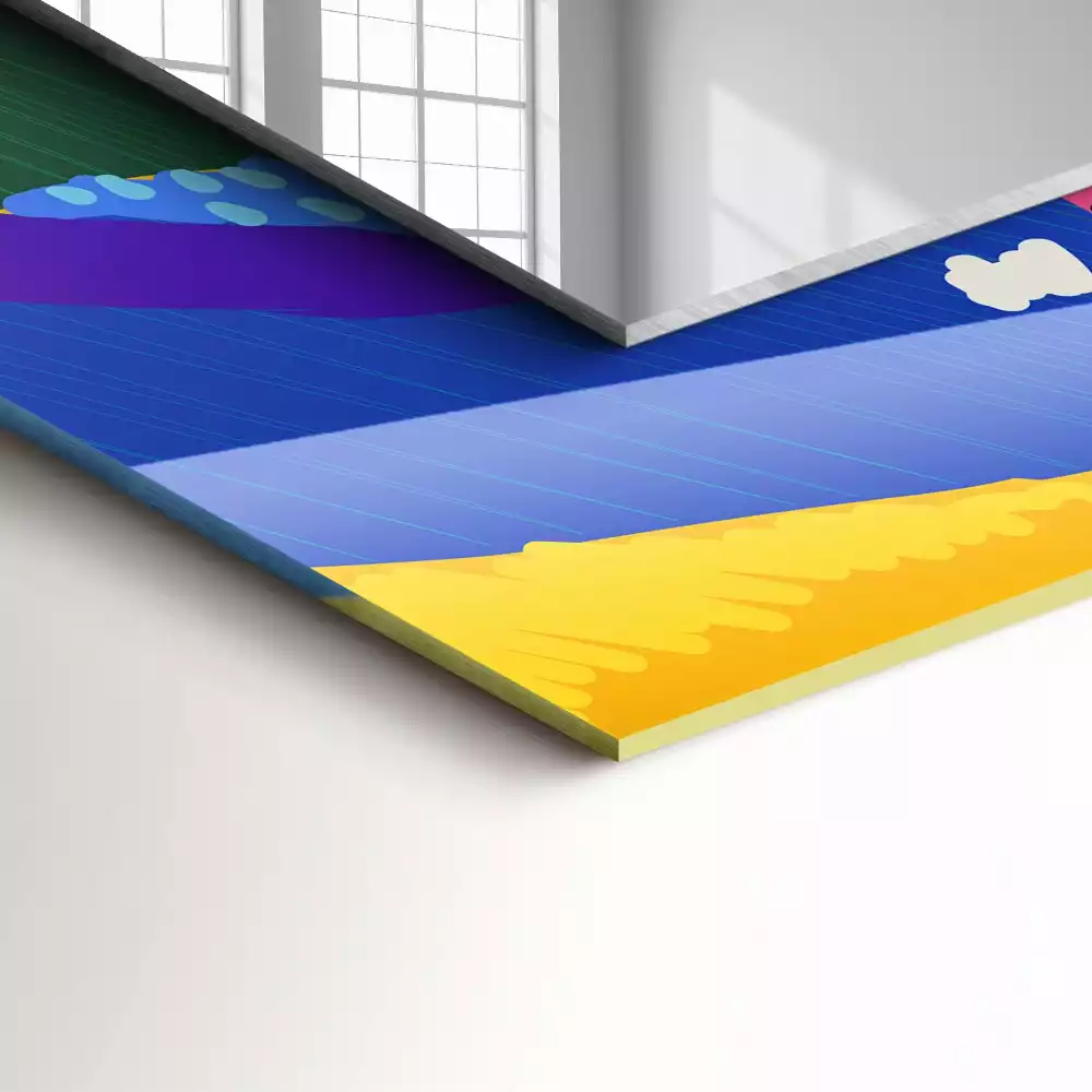 Oglindă dreptunghiulară cu ramă decorată cu imprimeu abstract colorat