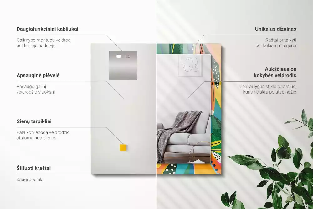 Oglindă dreptunghiulară cu ramă decorată cu imprimeu abstract colorat
