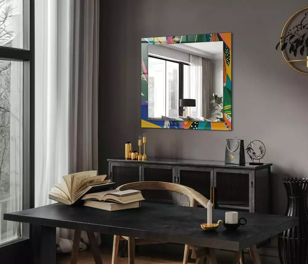 Oglindă dreptunghiulară cu ramă decorată cu imprimeu abstract colorat