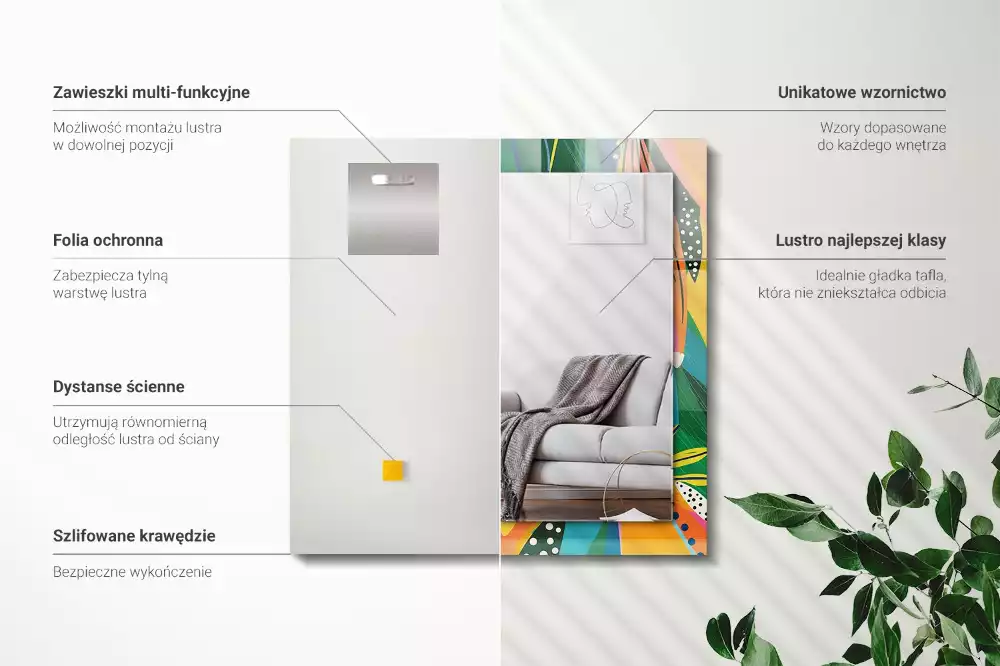 Oglindă dreptunghiulară cu ramă decorată cu imprimeu abstract colorat