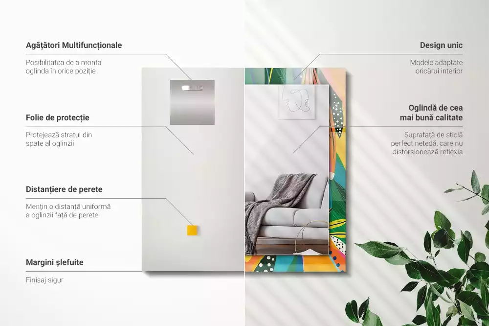 Oglindă dreptunghiulară cu ramă decorată cu imprimeu abstract colorat