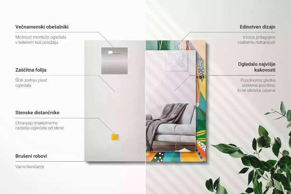 Oglindă dreptunghiulară cu ramă decorată cu imprimeu abstract colorat