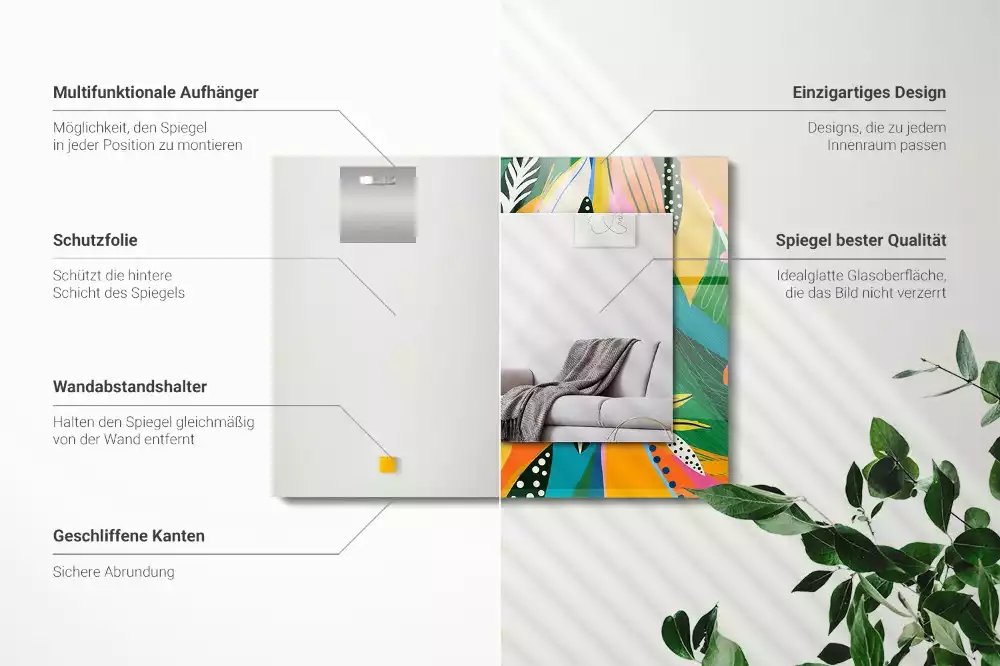 Oglindă dreptunghiulară cu ramă decorată cu imprimeu abstract colorat