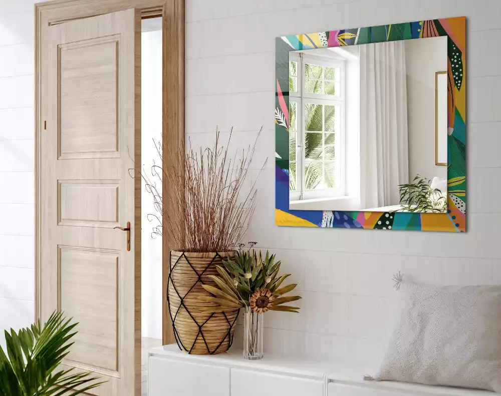 Oglindă dreptunghiulară cu ramă decorată cu imprimeu abstract colorat