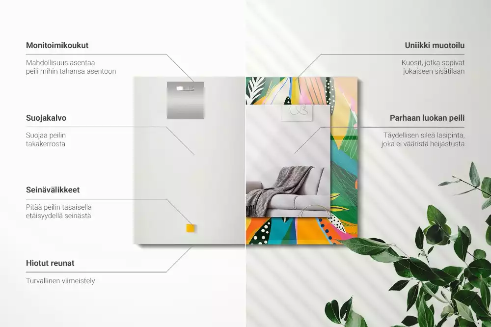 Oglindă dreptunghiulară cu ramă decorată cu imprimeu abstract colorat